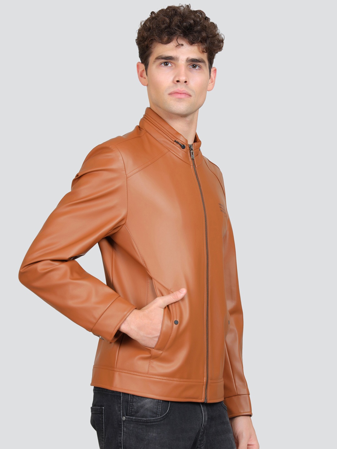 YOUNG CLUB CLASSIC Stand Collar PU Leather Jacket, Tan