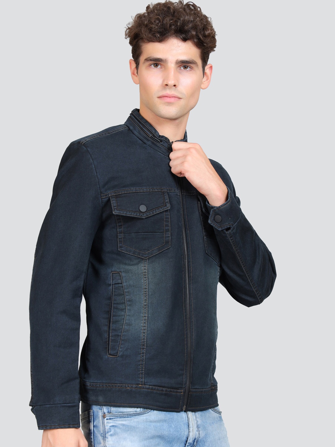 

YOUNG CLUB CLASSIC Stand Collar Denim Jacket, Black