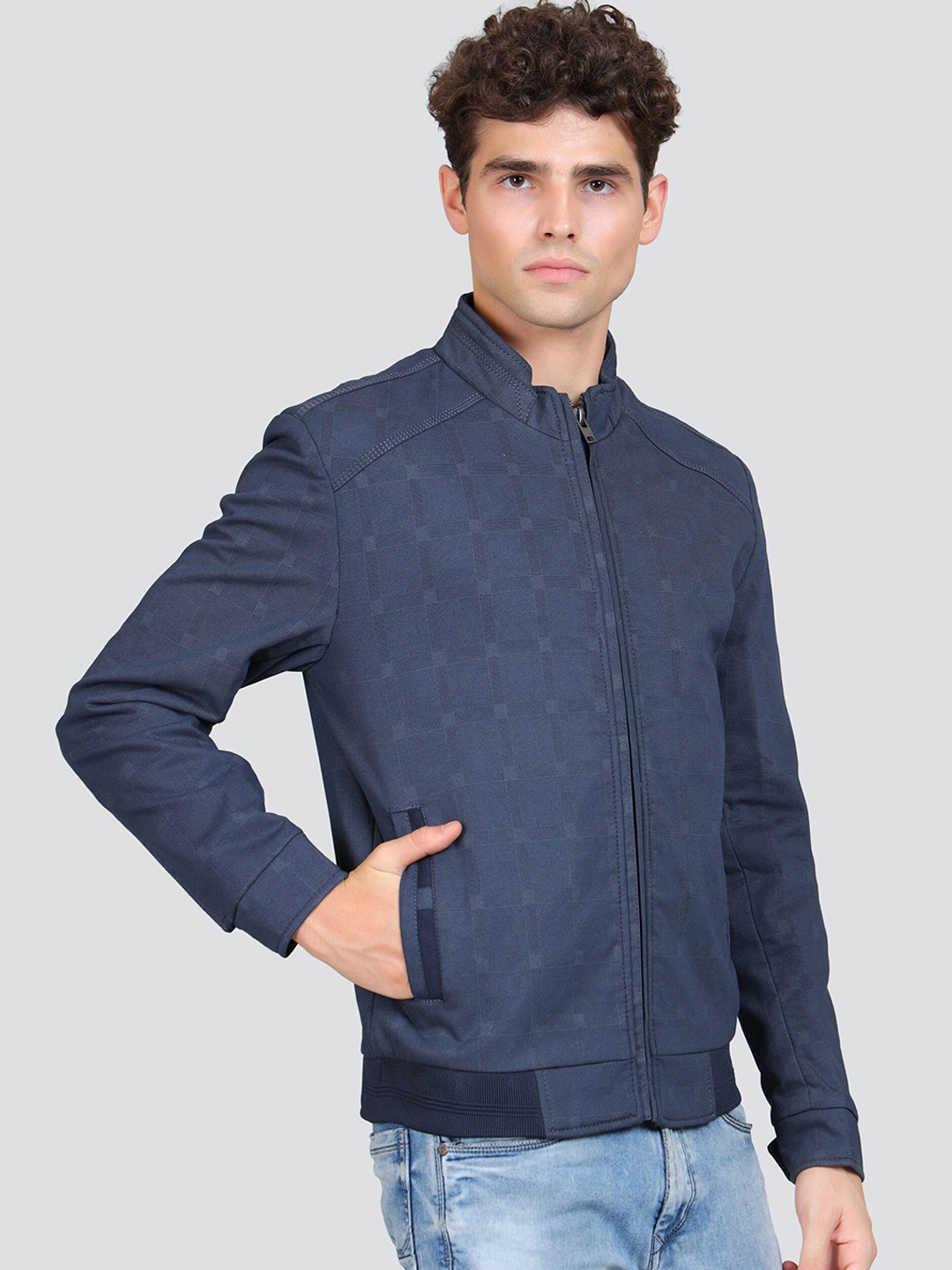

YOUNG CLUB CLASSIC Geometric Printed Mock Collar Cotton Bomber Jacket, Blue
