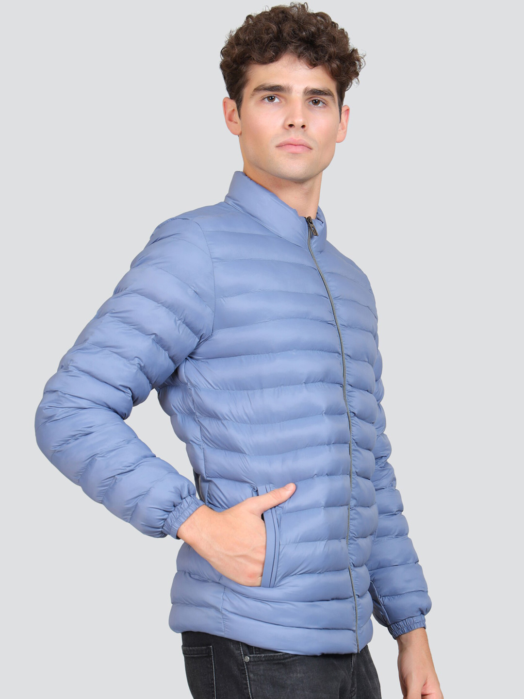 

YOUNG CLUB CLASSIC Mock Collar Woolen Puffer Jacket, Blue