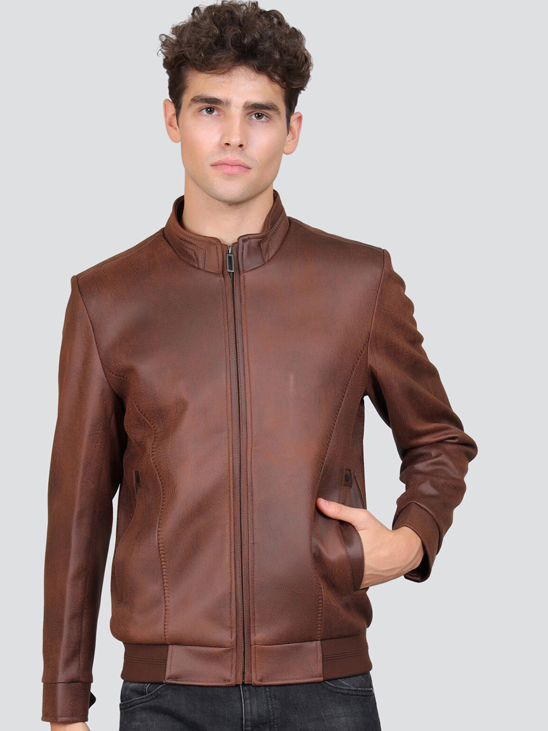 

YOUNG CLUB CLASSIC Mock Collar Leather Jacket, Brown