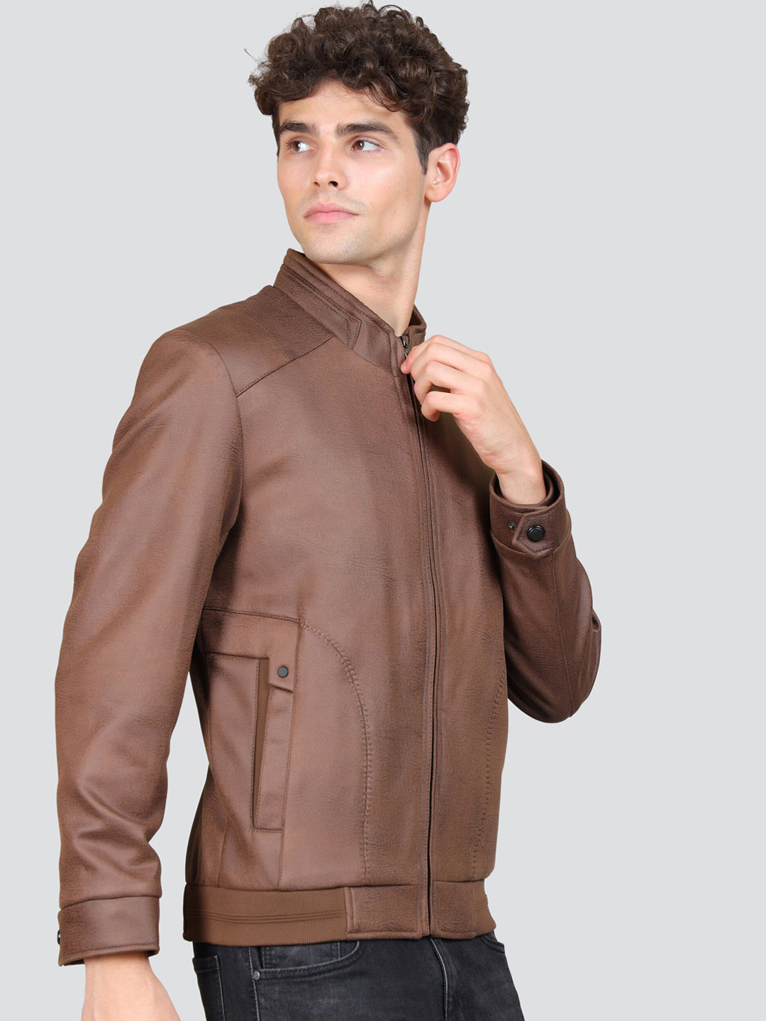 

YOUNG CLUB CLASSIC Mock Collar Biker Jacket, Brown