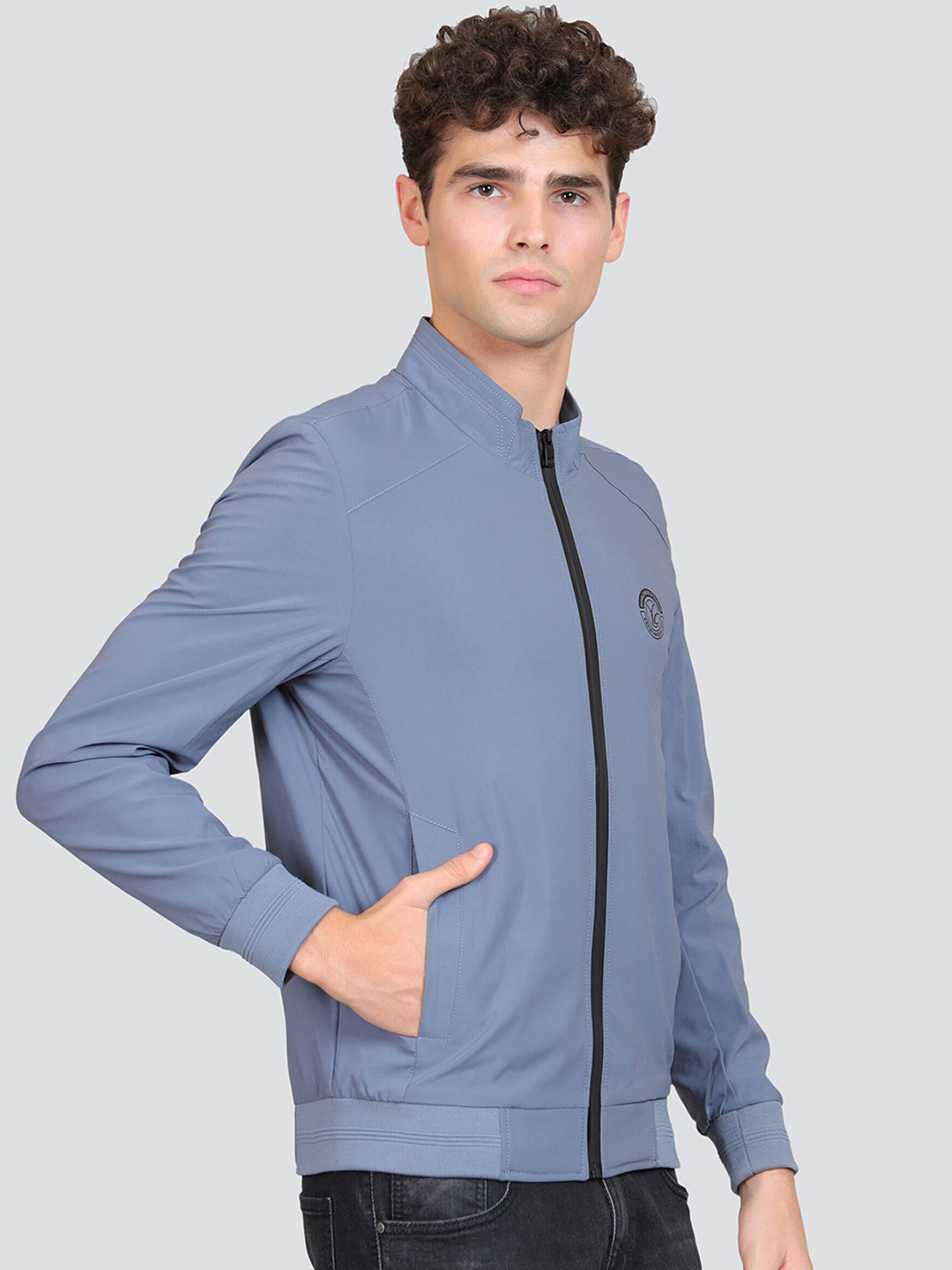

YOUNG CLUB CLASSIC Stand Collar Long Sleeves Zip Detail Woollen Bomber Jacket, Blue