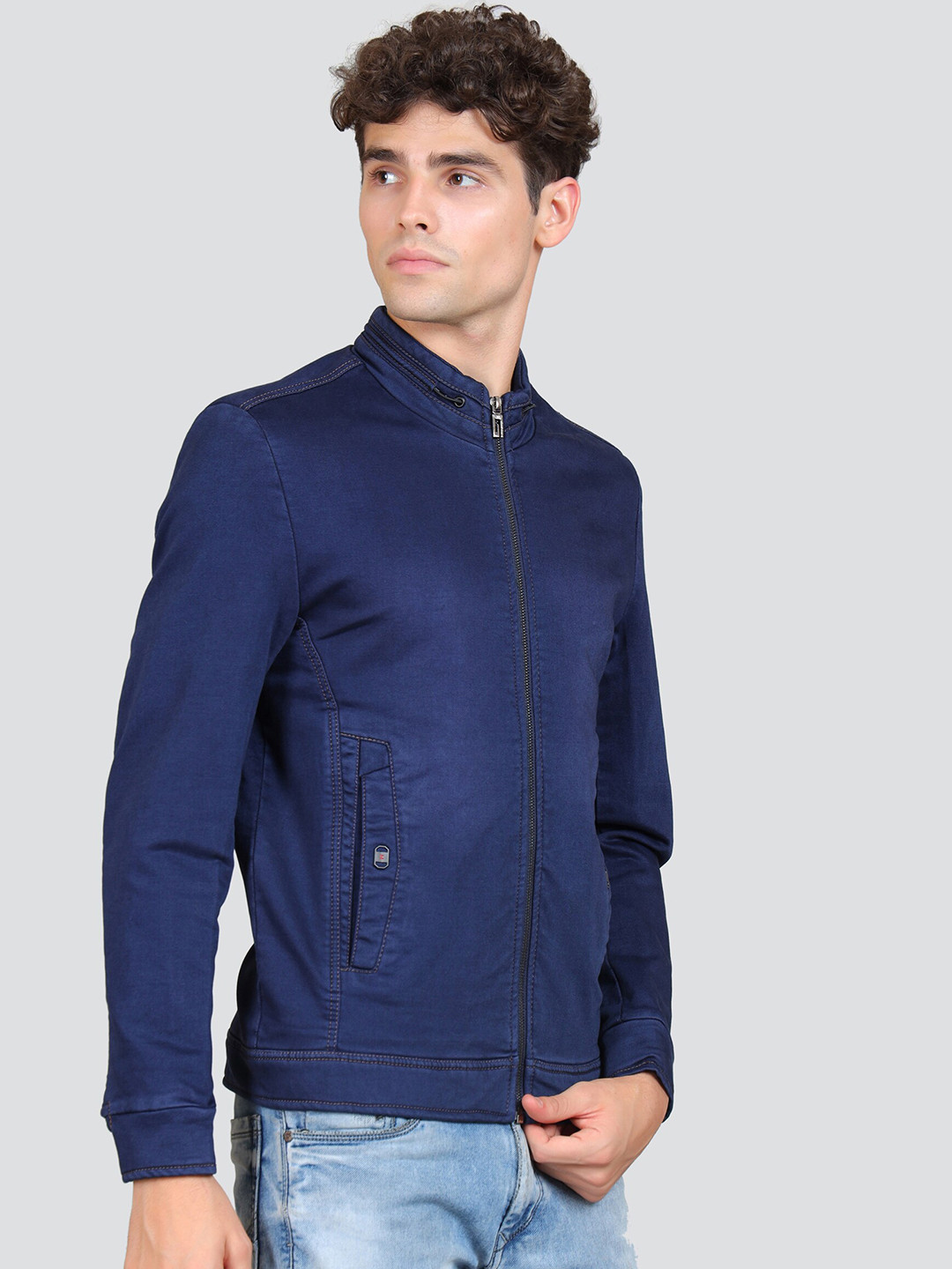 

YOUNG CLUB CLASSIC Mock Collar Long Sleeves Zip Detail Denim Bomber Jacket, Blue