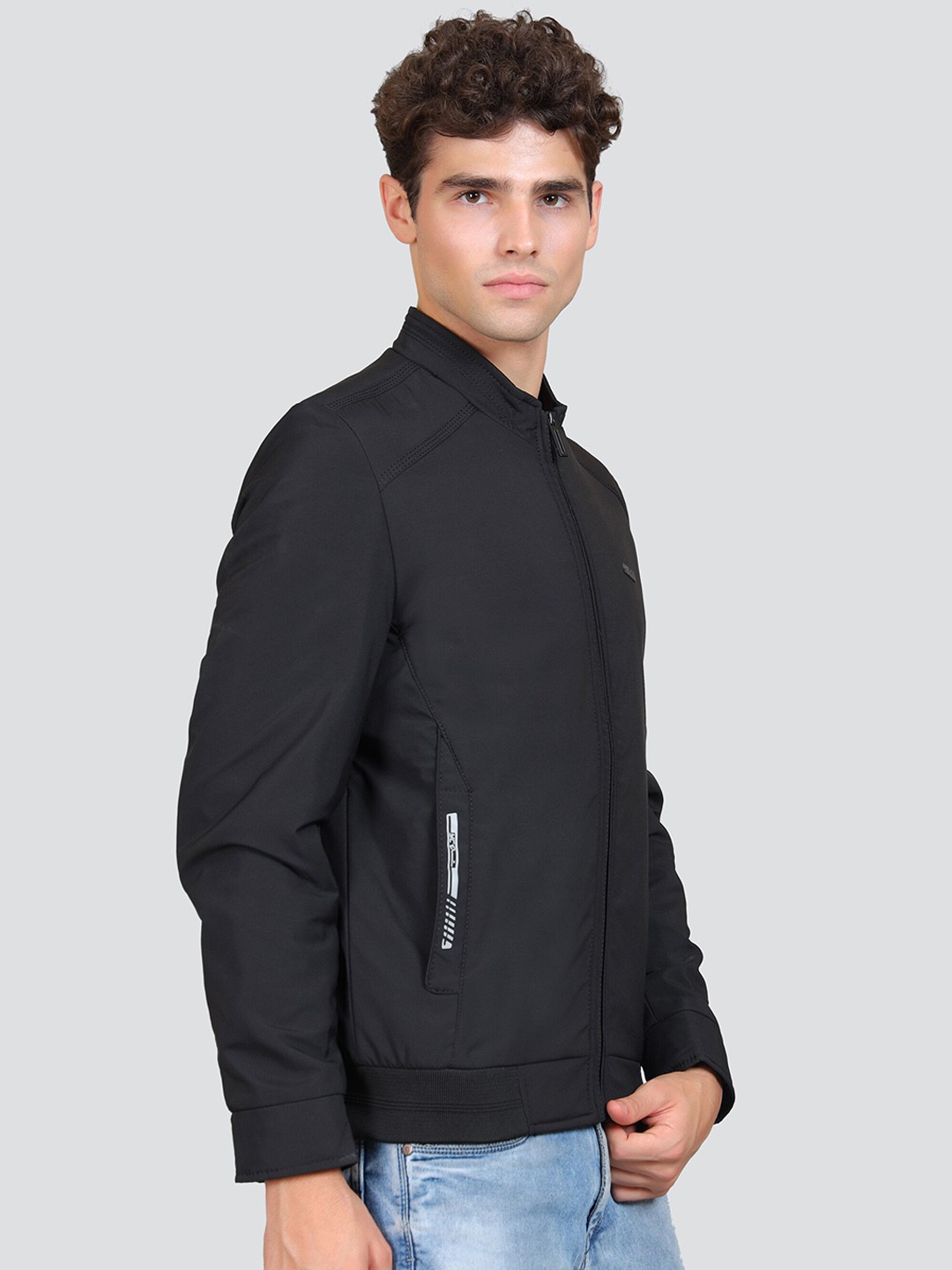 

YOUNG CLUB CLASSIC Stand Collar Long Sleeves Zip Detail Woollen Bomber Jacket, Black