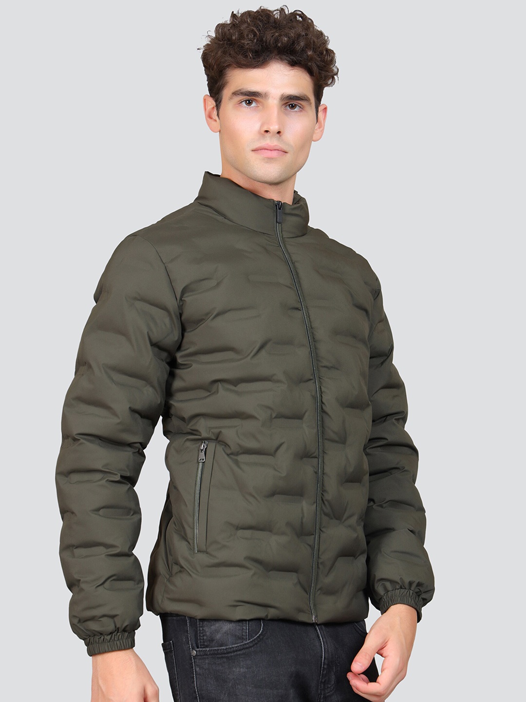 

YOUNG CLUB CLASSIC Mock Collar Long Sleeves Zip Detail Woollen Puffer Jacket, Olive