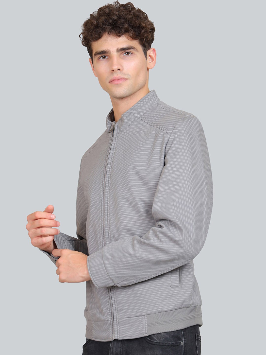 

YOUNG CLUB CLASSIC Mock Collar Long Sleeves Zip Detail Cotton Bomber Jacket, Grey