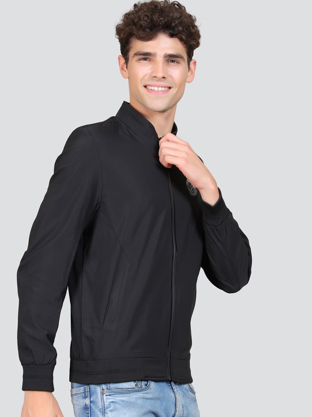 YOUNG CLUB CLASSIC Mock Collar Long Sleeves Zip Detail Woollen Bomber Jacket, Black