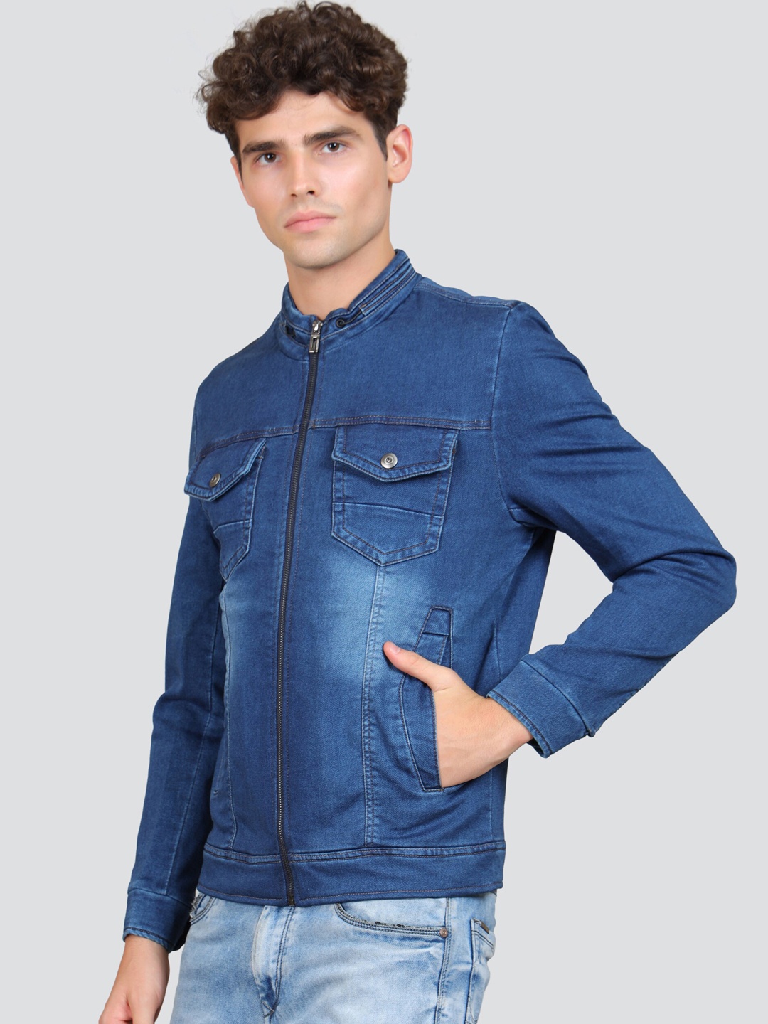 

YOUNG CLUB CLASSIC Washed Mock Collar Cotton Denim Jacket, Blue