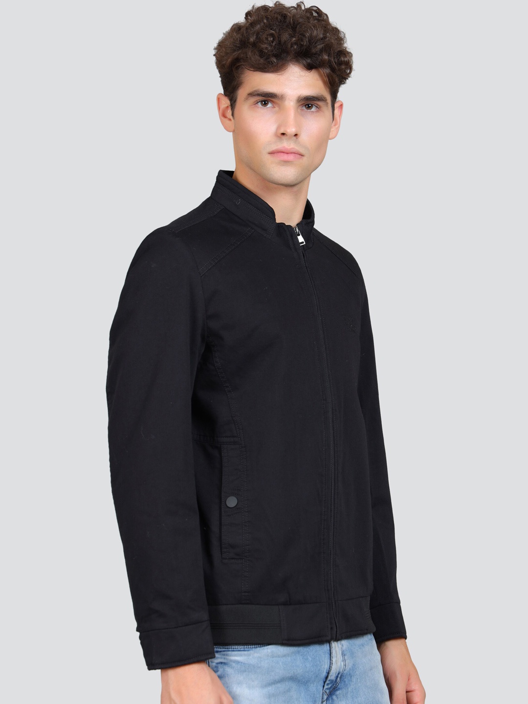 YOUNG CLUB CLASSIC Mock Collar Cotton Bomber Jacket, Black
