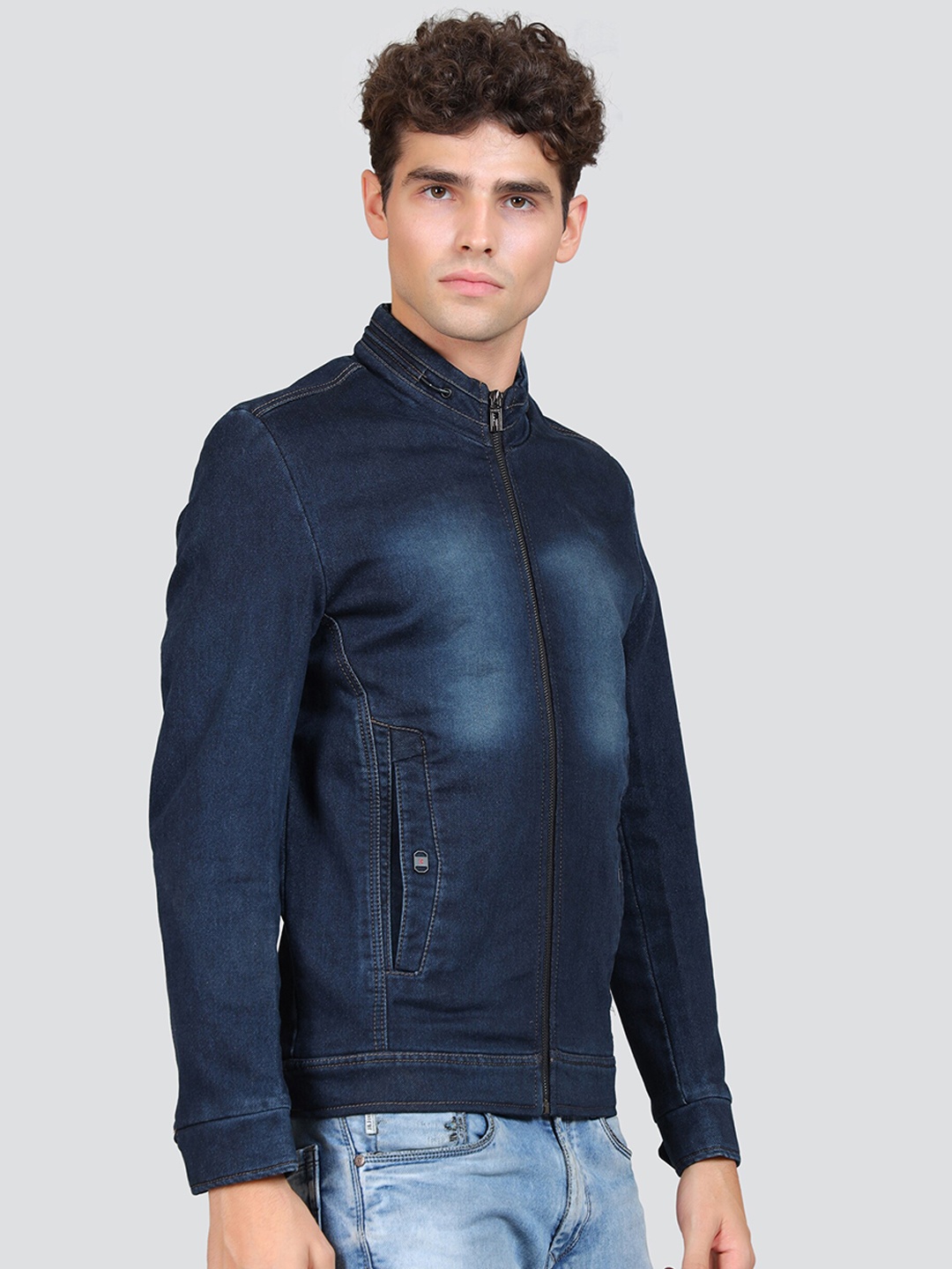

YOUNG CLUB CLASSIC Washed Mock Collar Cotton Denim Jacket, Blue