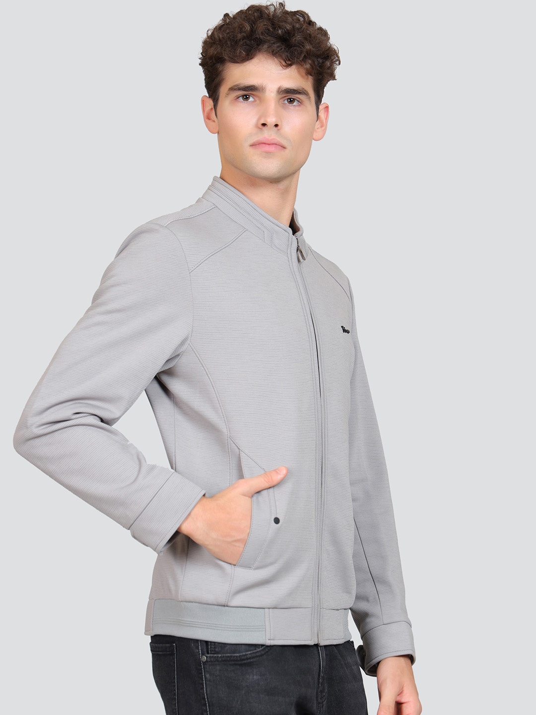 

YOUNG CLUB CLASSIC Stand Collar Woollen Bomber Jacket, Grey