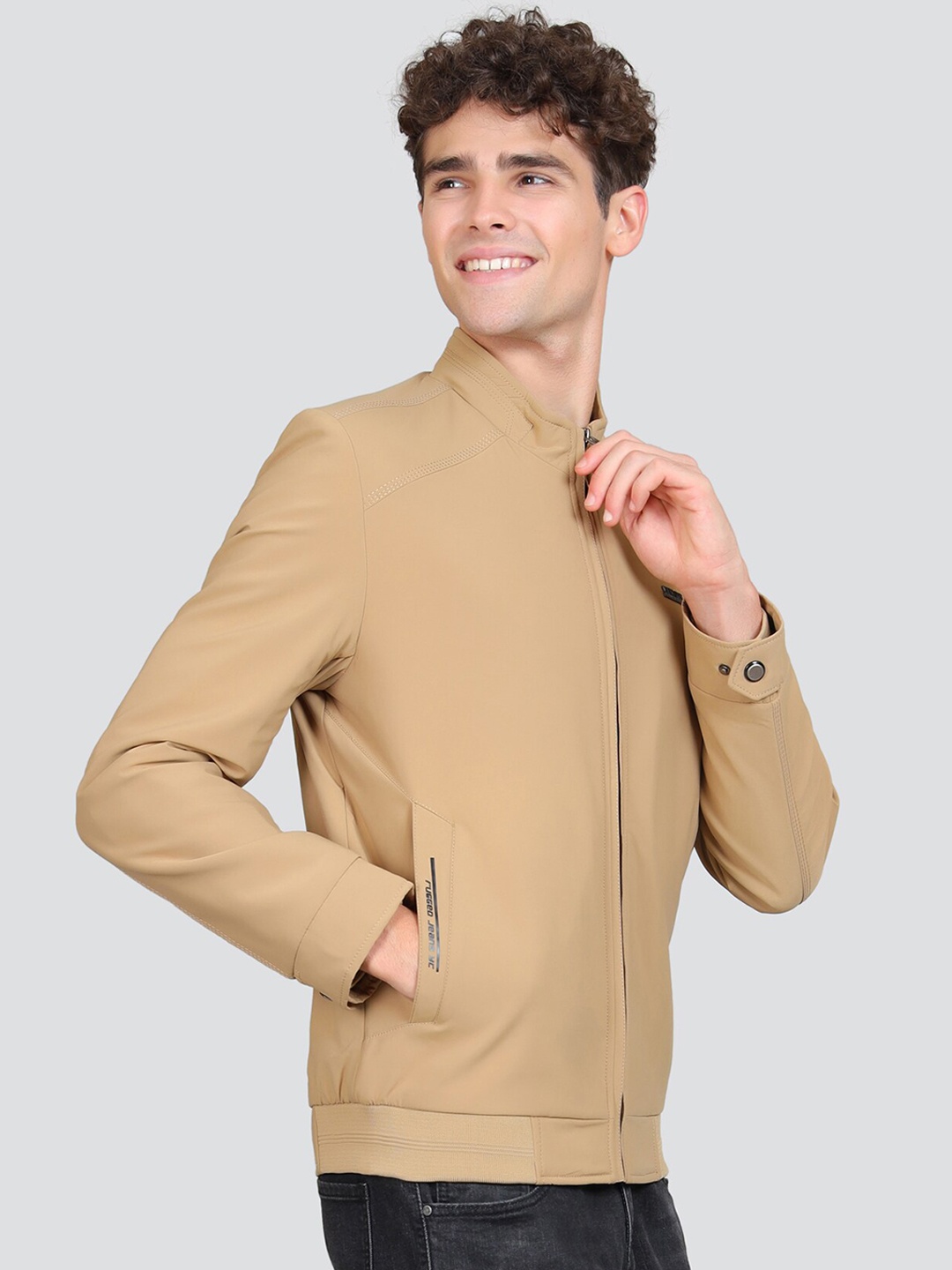 YOUNG CLUB CLASSIC Stand Collar Woollen Bomber Jacket, Khaki