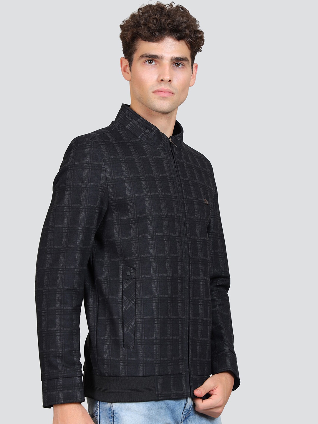 

YOUNG CLUB CLASSIC Checked Mock Collar Woollen Bomber Jacket, Black