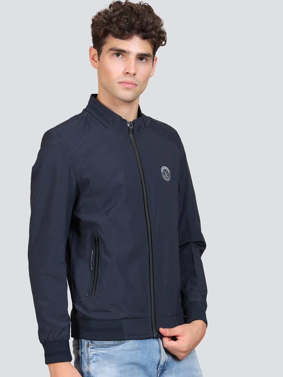 

YOUNG CLUB CLASSIC Mock Collar Long Sleeves Woollen Bomber Jacket, Blue