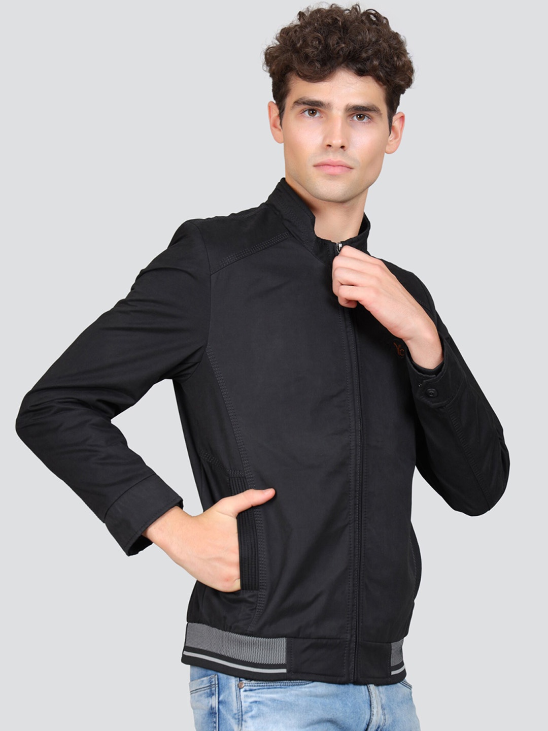 

YOUNG CLUB CLASSIC Mock Collar Long Sleeves Cotton Bomber Jacket, Black