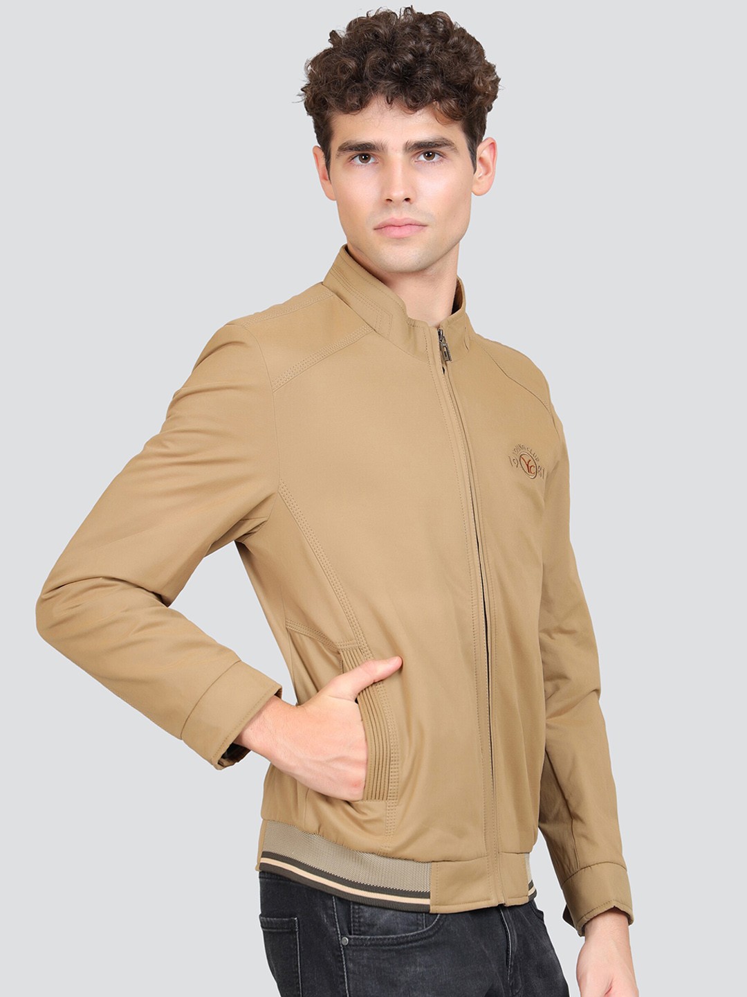 

YOUNG CLUB CLASSIC Mock Collar Long Sleeves Cotton Bomber Jacket, Mustard