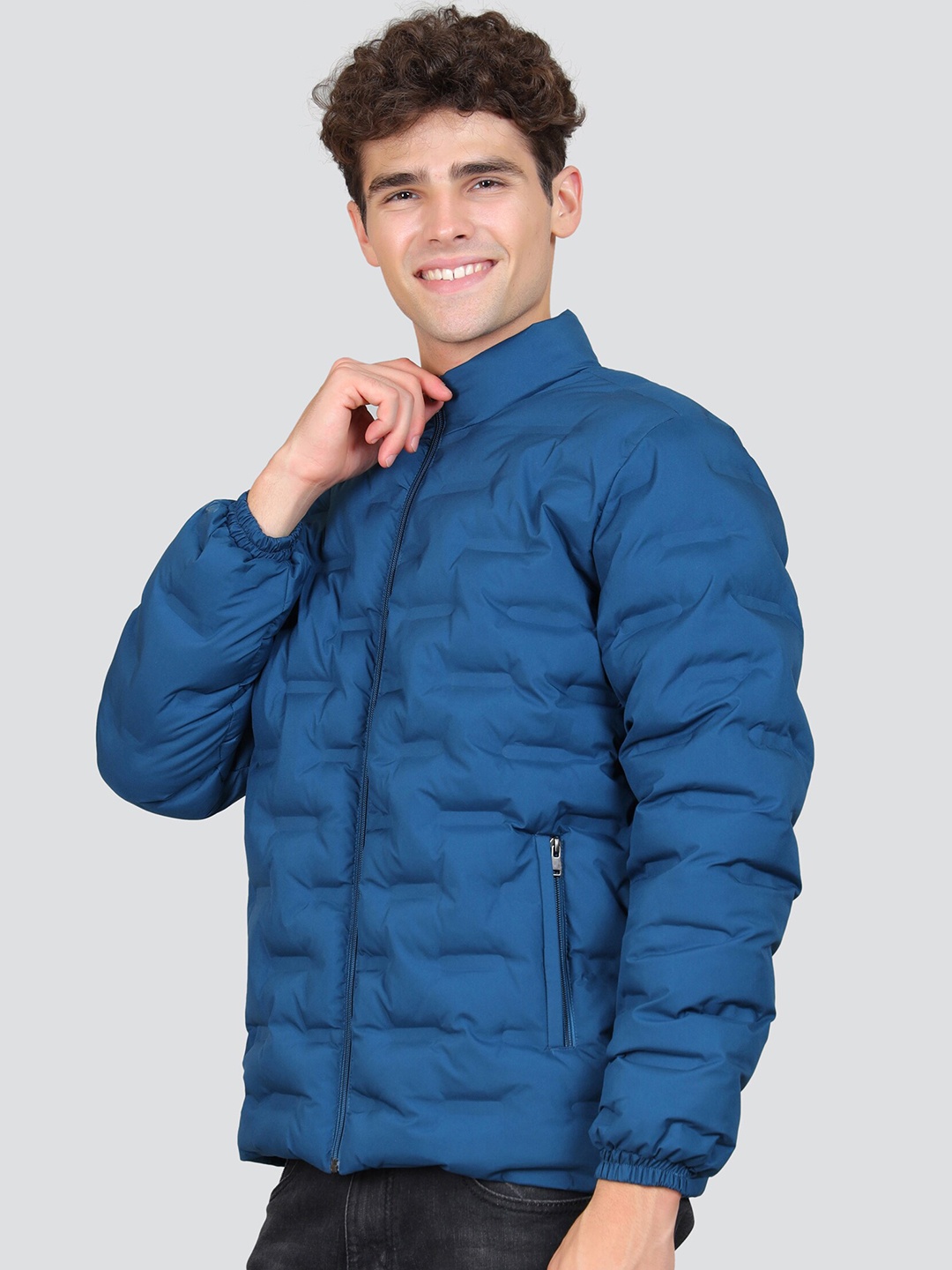 

YOUNG CLUB CLASSIC Mock Collar Long Sleeves Woollen Puffer Jacket, Blue