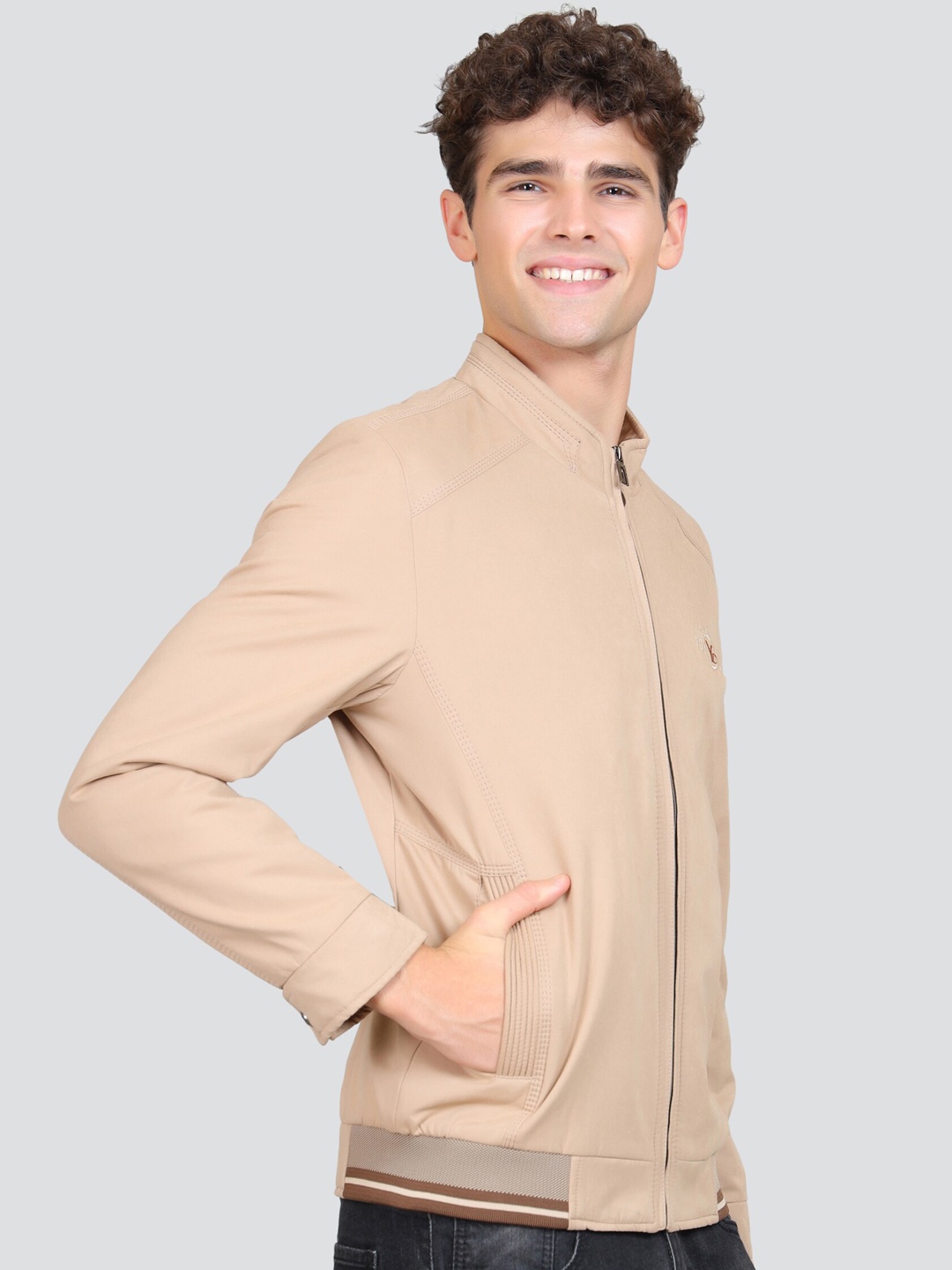 

YOUNG CLUB CLASSIC Stand Collar Cotton Bomber Jacket, Beige