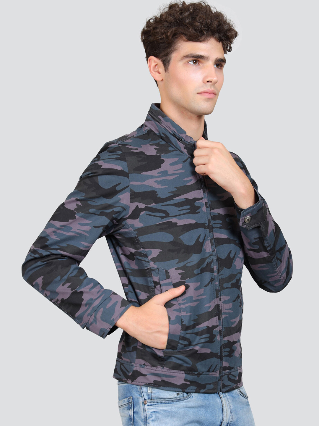 

YOUNG CLUB CLASSIC Camouflage Printed Woollen Bomber Jacket, Blue