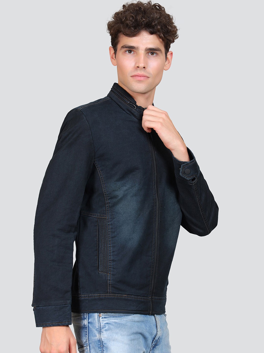 

YOUNG CLUB CLASSIC Washed Stand Collar Denim Jacket, Blue