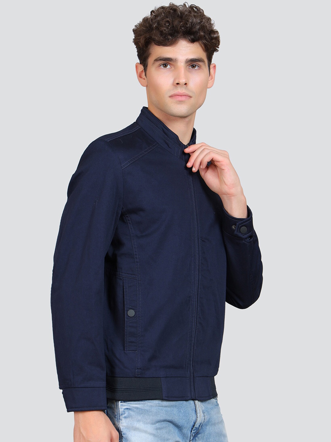 

YOUNG CLUB CLASSIC Mock Collar Cotton Bomber Jacket, Navy blue