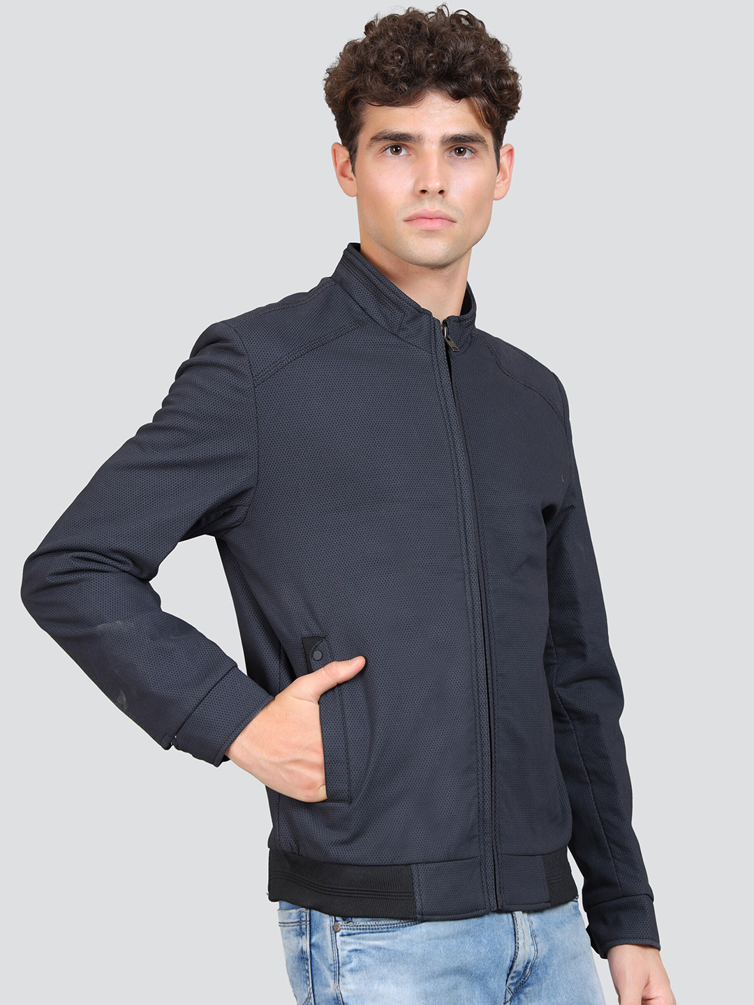 

YOUNG CLUB CLASSIC Mock Collar Cotton Bomber Jacket, Navy blue
