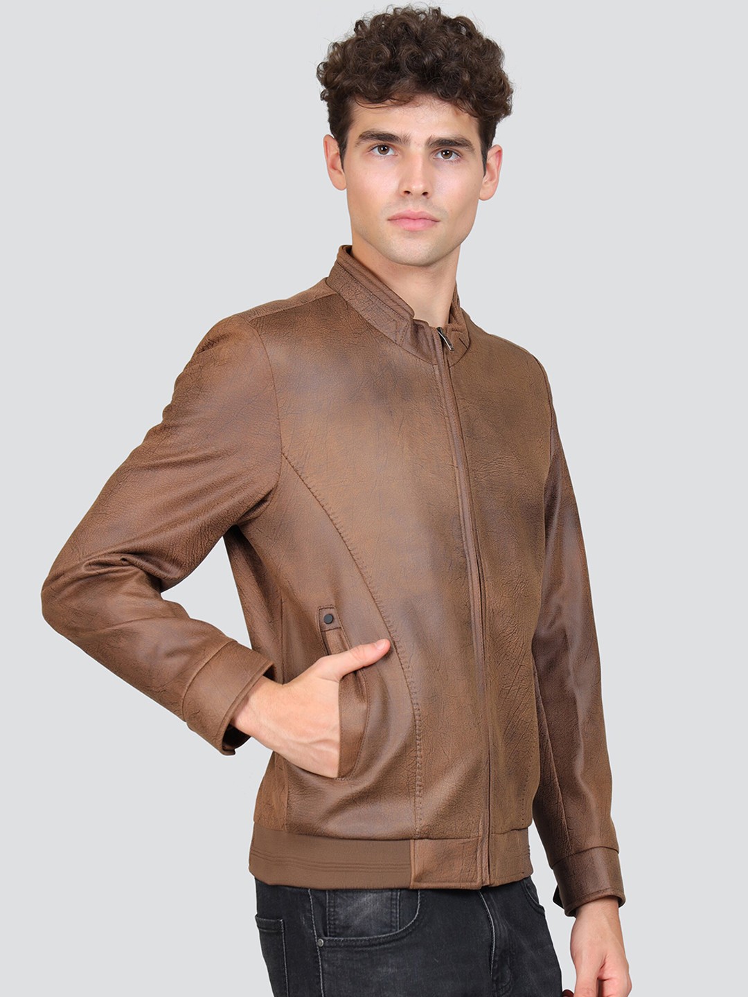 

YOUNG CLUB CLASSIC Mock Collar Woollen Bomber Jacket, Brown