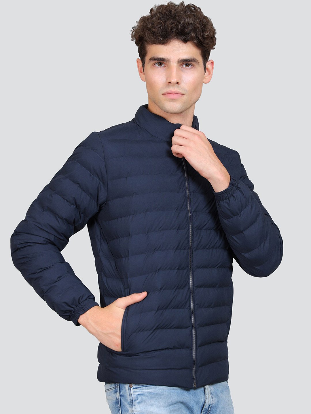 

YOUNG CLUB CLASSIC Mock Collar Woollen Puffer Jacket, Navy blue