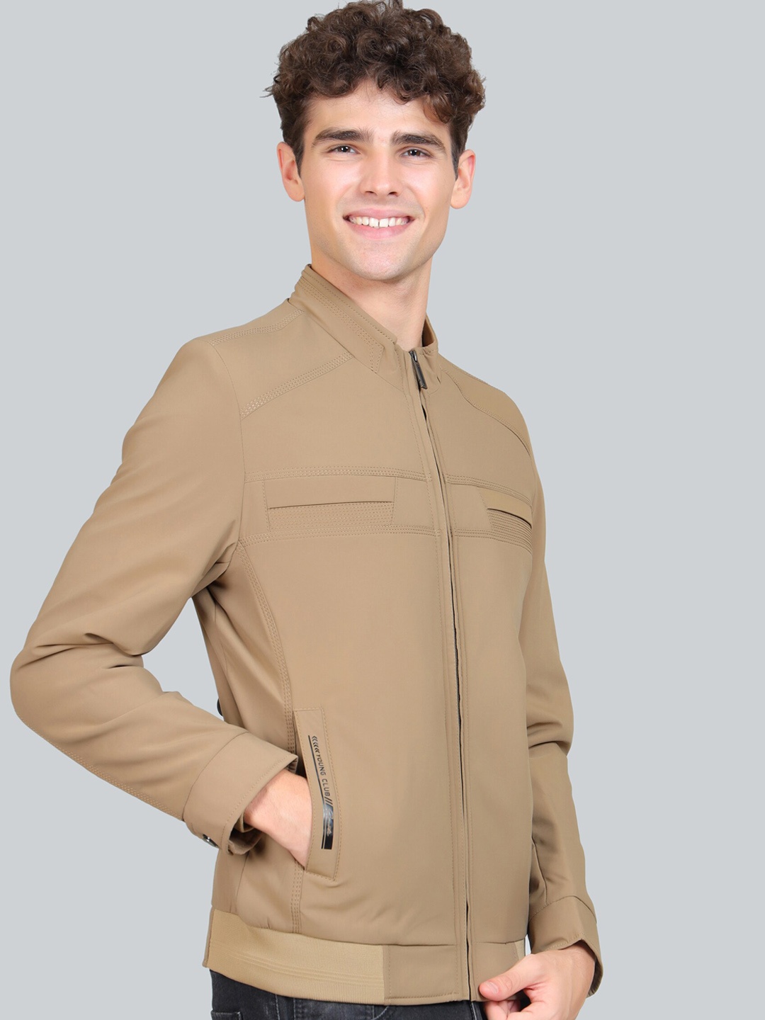 

YOUNG CLUB CLASSIC Mock Collar Woollen Bomber Jacket, Khaki