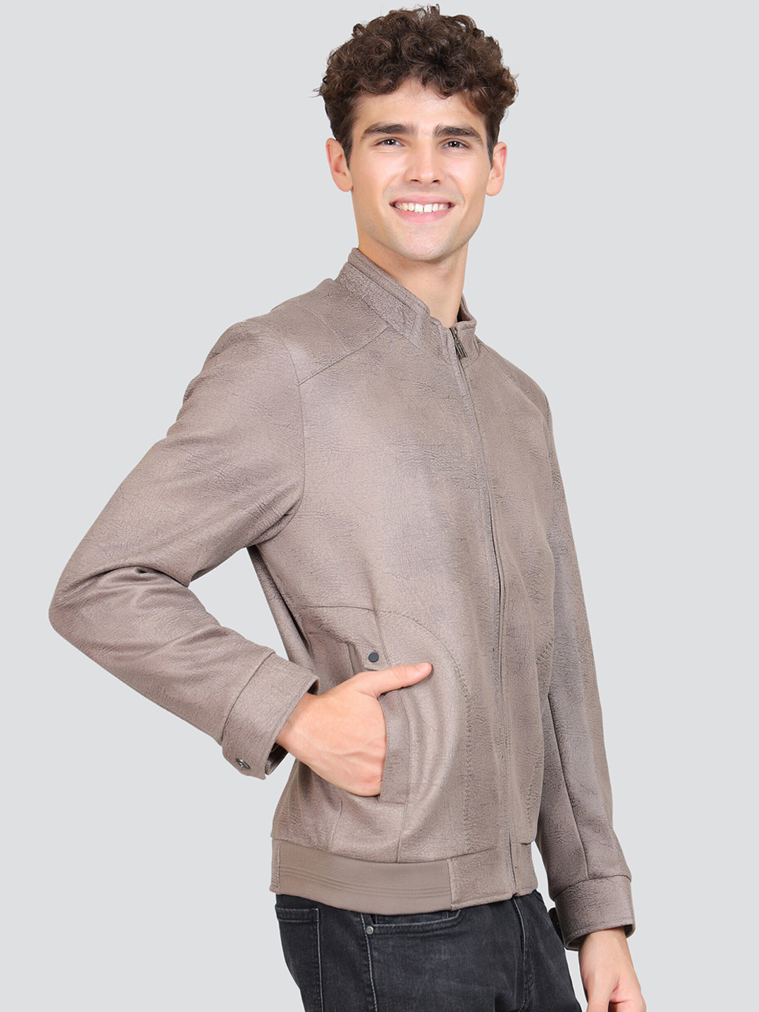 

YOUNG CLUB CLASSIC Mock Collar Suede Bomber Jacket, Beige