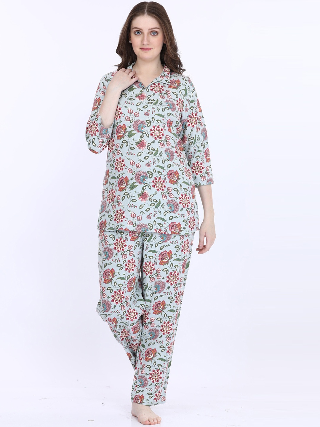 

MAYSIXTY Floral Printed Shirt Collar Three-Quarter Sleeves Kurti With Pyjamas, Blue