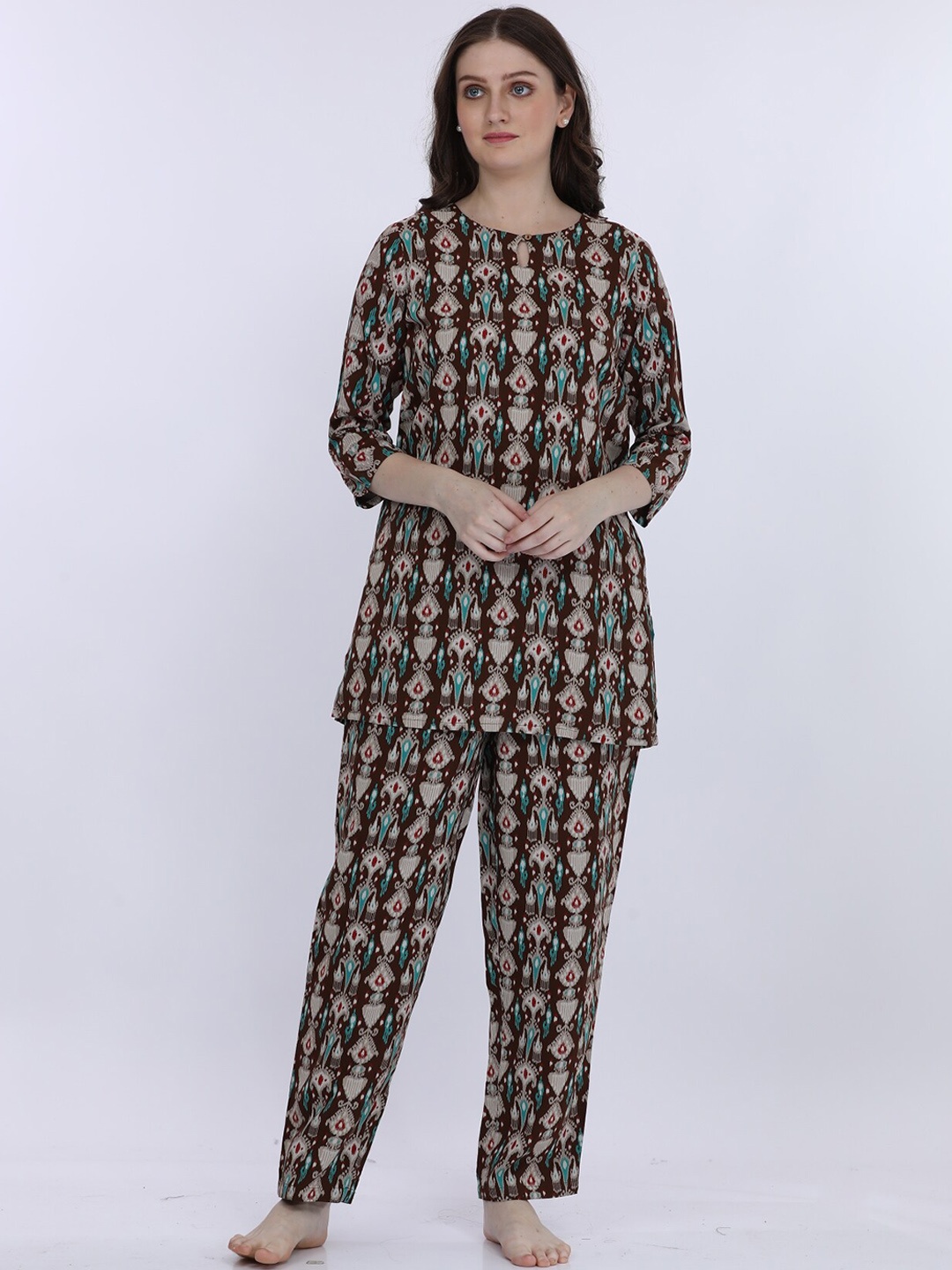 

MAYSIXTY Ethnic Motifs Printed Three-Quarter Sleeves Kurti With Pyjamas, Brown