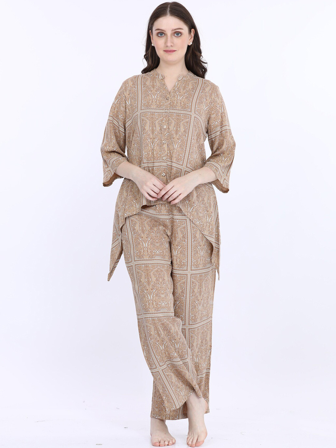 

MAYSIXTY Ethnic Motifs Mandarin Collar Three-Quarter Sleeves Kurti With Pyjamas, Brown