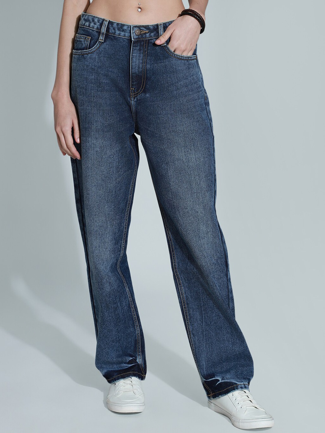 High Star Women 90's Straight High-Rise Clean Look Pure Cotton Jeans, Blue