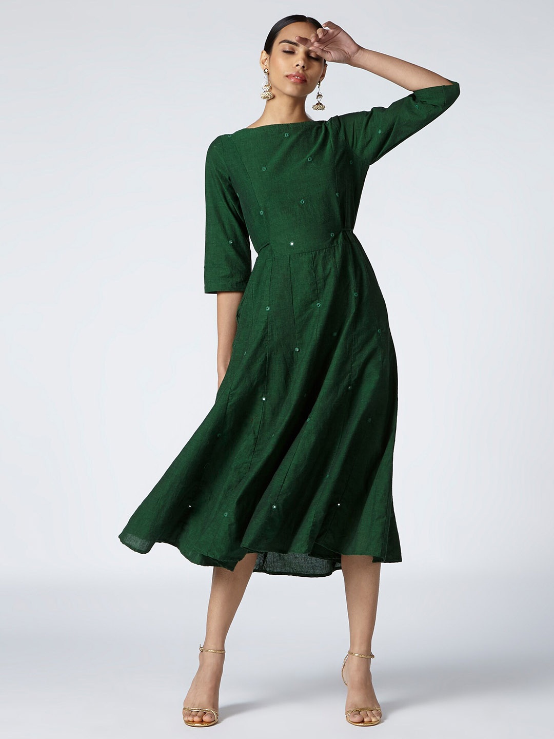

OKHAI Embroidered Cotton Fit & Flared Midi Dress, Green