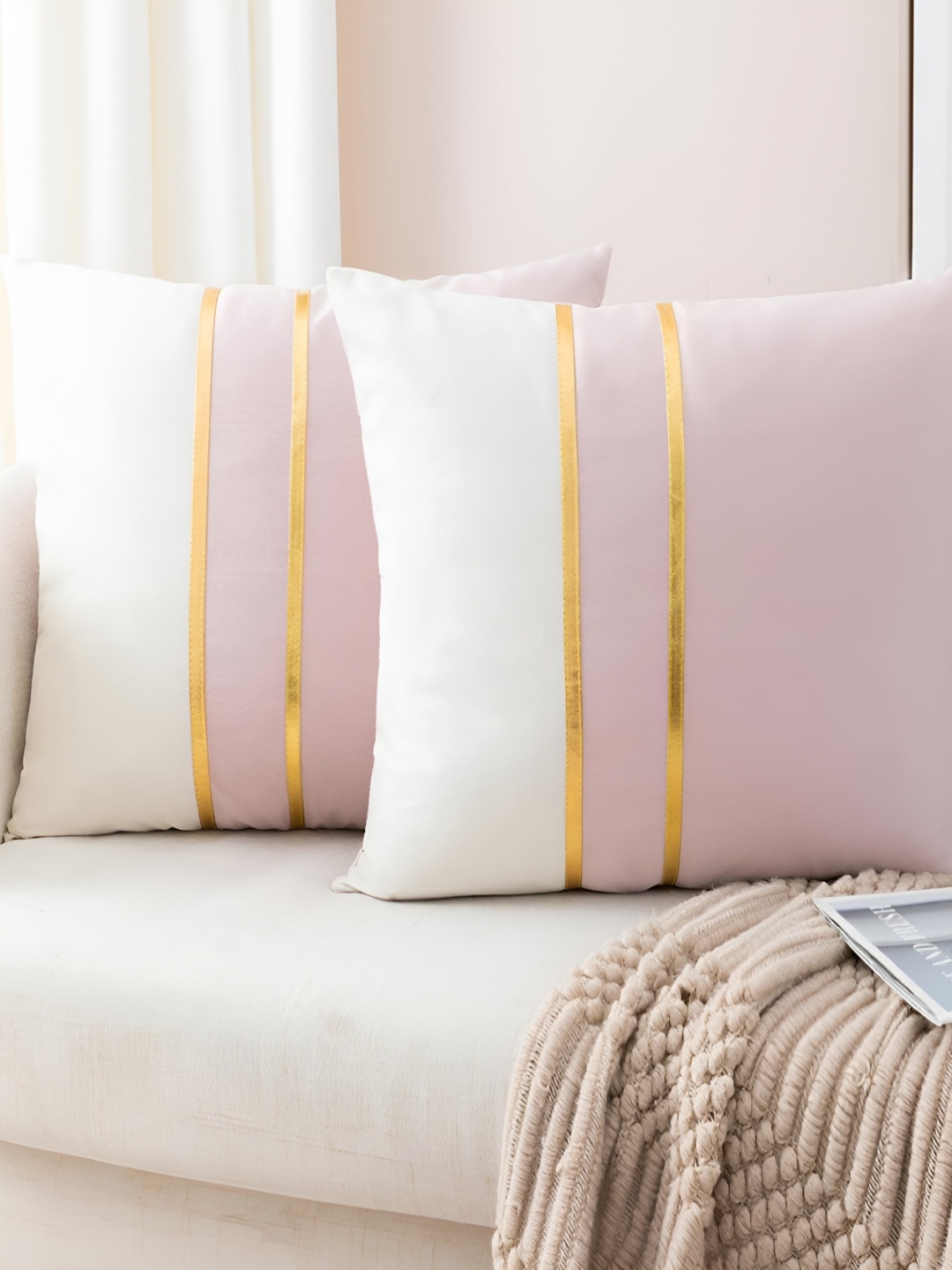 

Vinayaka Fab Pink & White 2 Pieces Colourblocked Velvet Square Cushion Covers