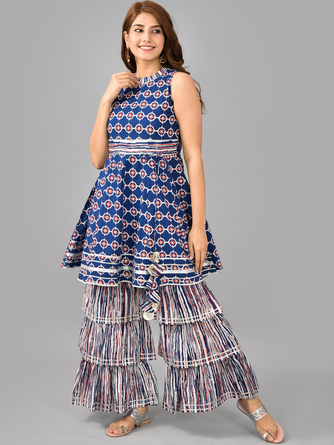 

AAYUMI Ethnic Motifs Printed Empire Pure Cotton Kurta With Sharara, Blue