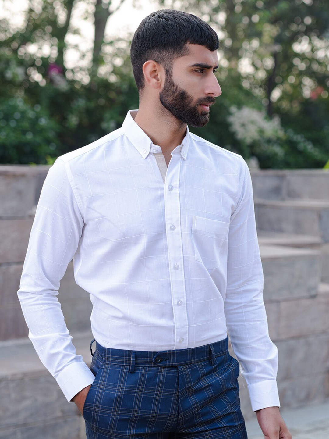 

Tistabene New Fit Windowpane Checked Button-Down Collar Cotton Formal Shirt, White