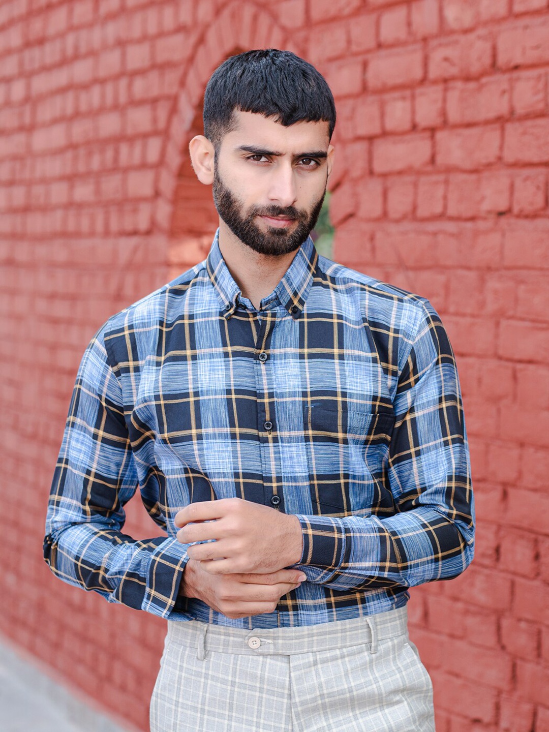 Tistabene New Fit Tartan Checked Button-Down Collar Cotton Formal Shirt, Blue
