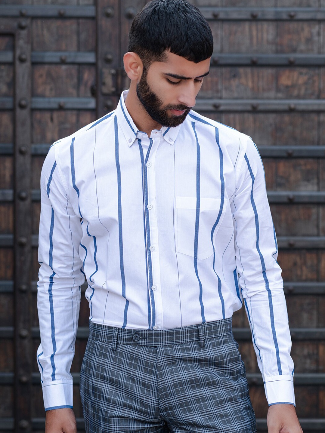 

Tistabene New Vertical Striped Button-Down Collar Cotton Casual Shirt, White