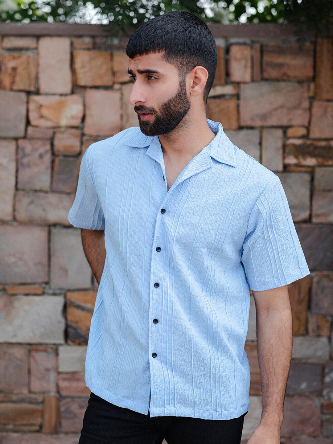 

Tistabene Cuban Collar Oversized Striped Casual Shirt, Blue