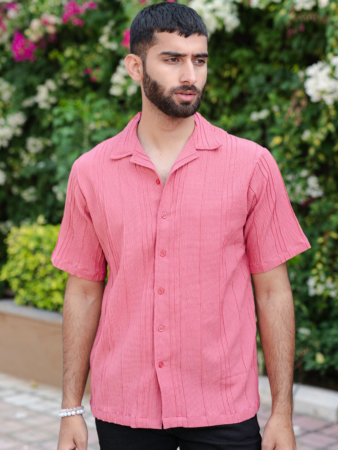 

Tistabene Oversized Vertical Stripes Cuban Collar Casual Shirt, Pink