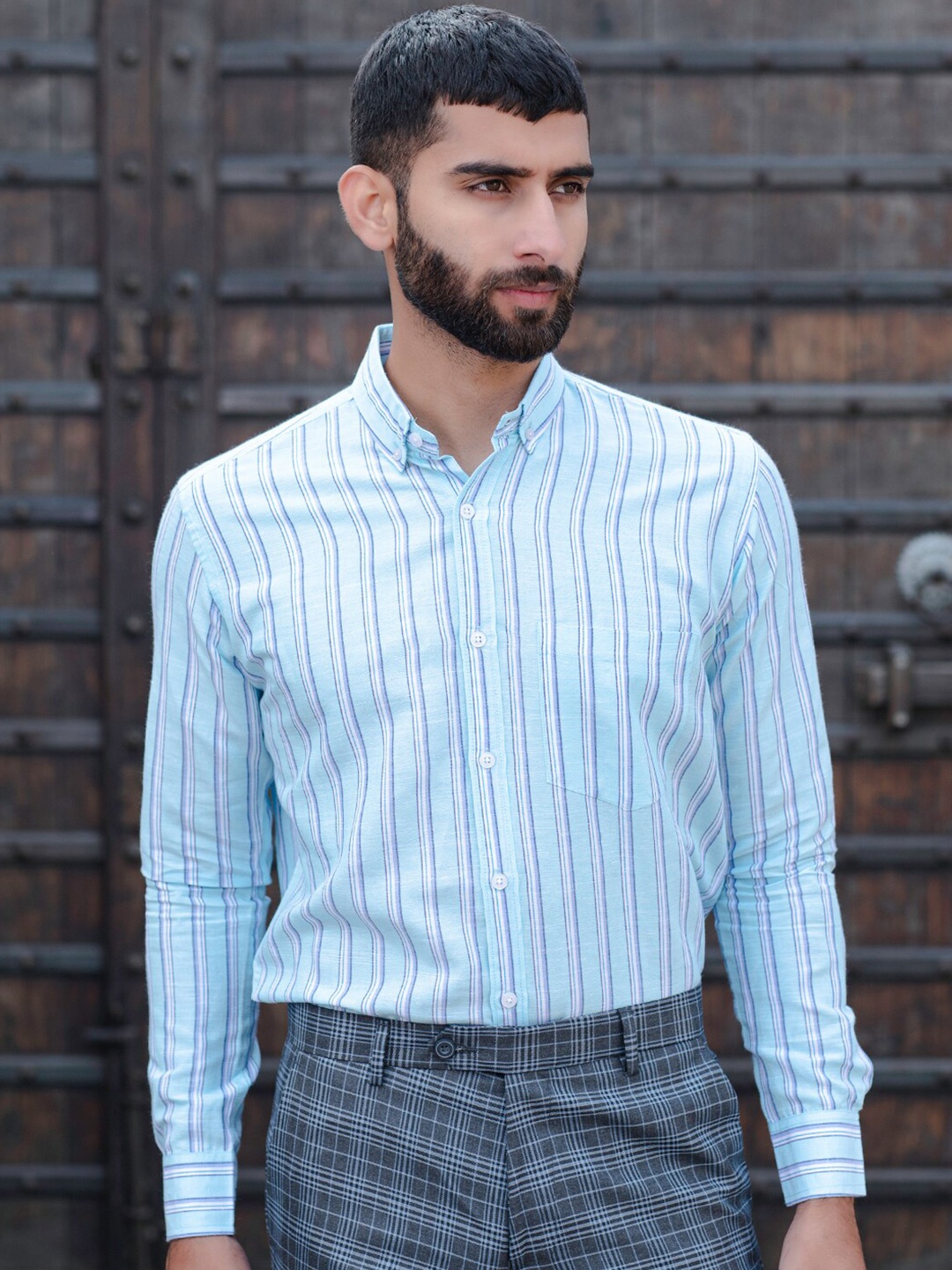 

Tistabene New Vertical Striped Button-Down Collar Cotton Casual Shirt, Blue