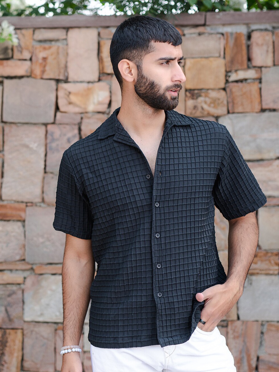 

Tistabene Oversized Checked Cuban Collar Casual Shirt, Black