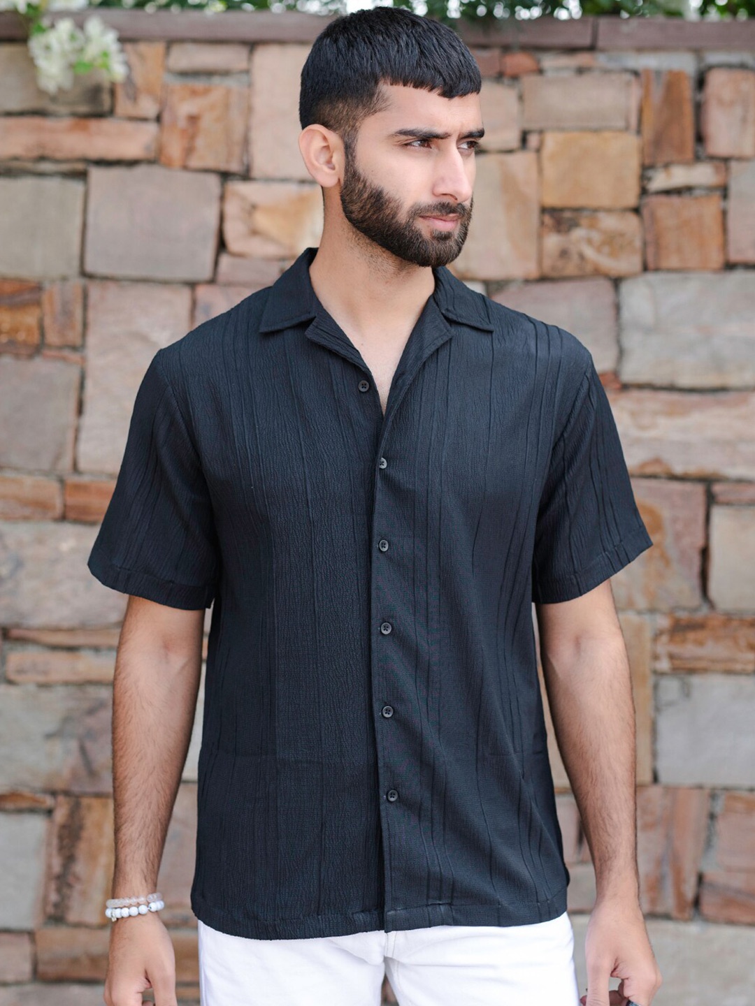 

Tistabene Striped Self Design Cuban Collar Oversized Casual Shirt, Black