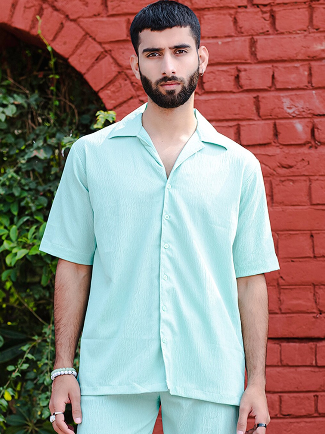 Tistabene Oversized Textured Cuban Collar Casual Shirt, Green
