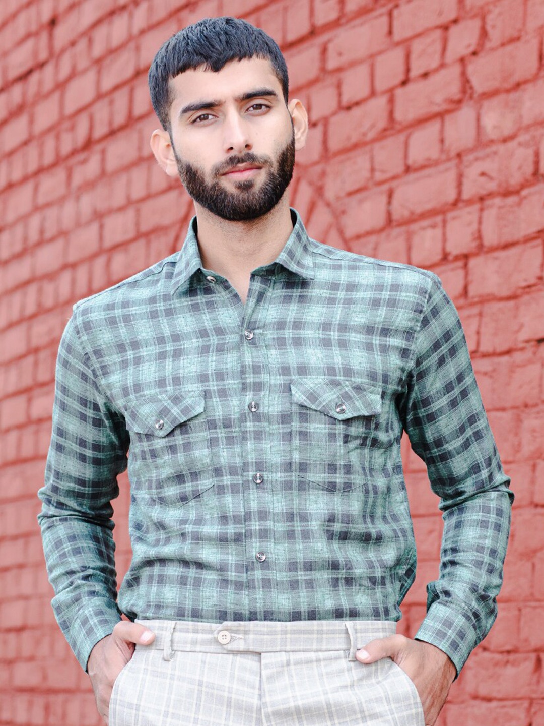 

Tistabene Spread Collar Checked Casual Cotton Shirt, Green