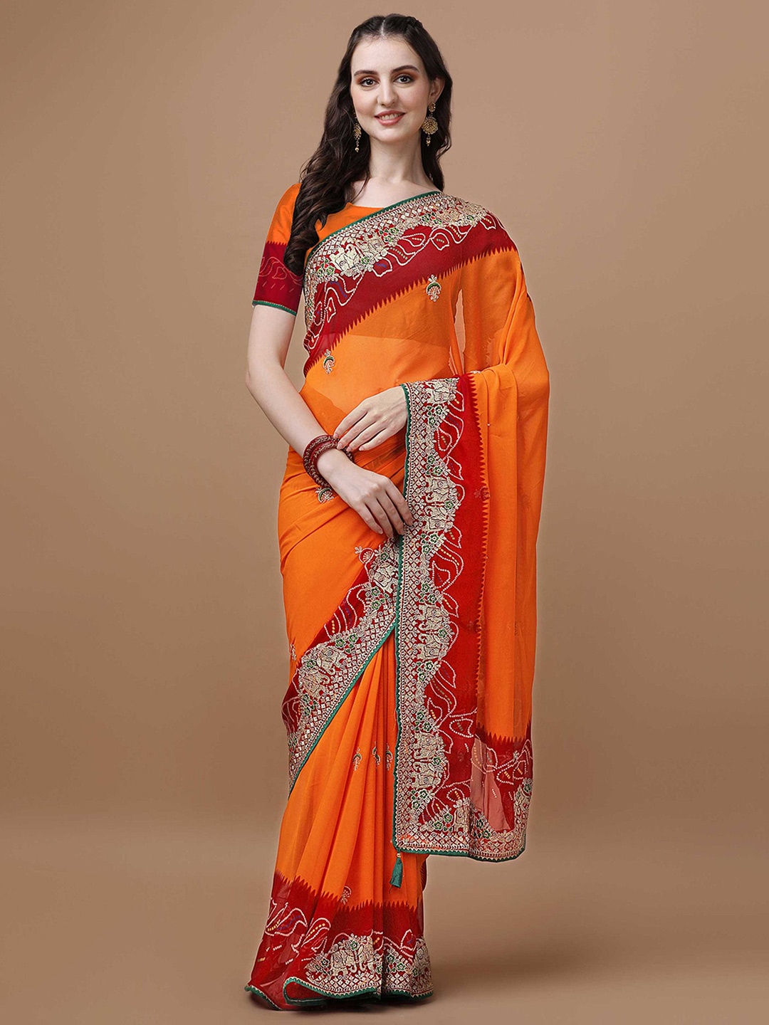 

Mitera Orange Ethnic Motifs Embroidered Bandhani Saree