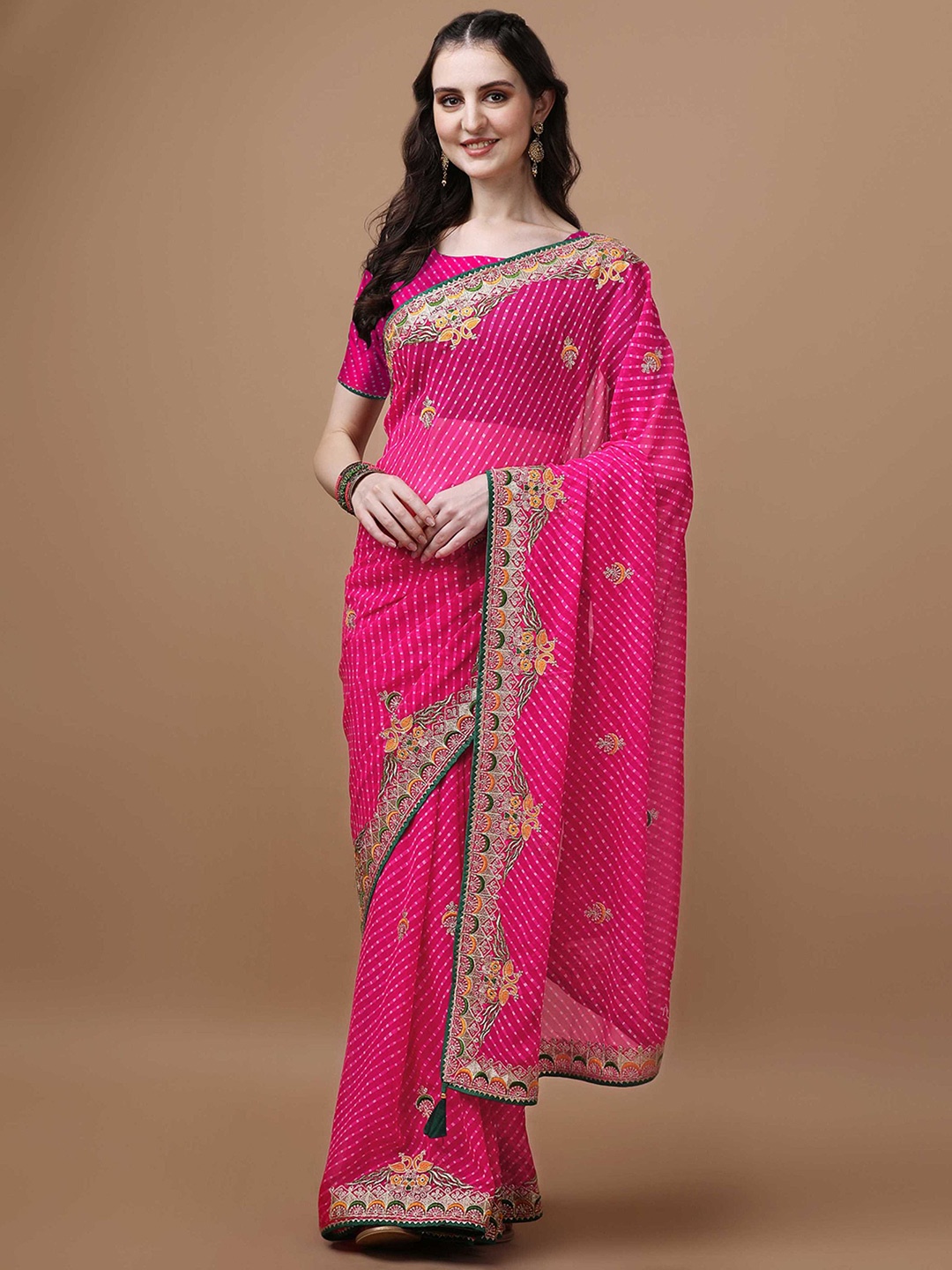 

Mitera Pink Geometric Printed Bandhani Saree